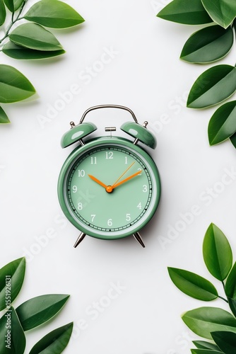 Green clock on white background with green leaves time for nature and natural time