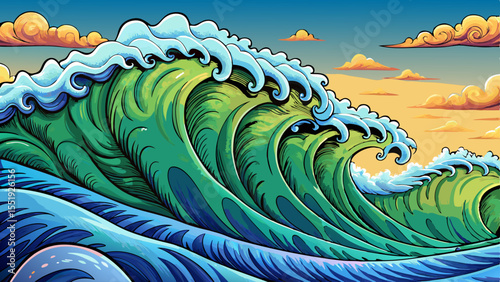 Sea waves under an amazing, colorful sky vector ideal for summer backgrounds, beach scenery designs, ocean-themed art, and tranquil nature scenes