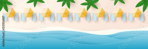 Summer, travel and holiday concept. Aerial view of sunbed, sun bed, yellow umbrella on sandy beach. Summertime background. Top view. Vector illustration