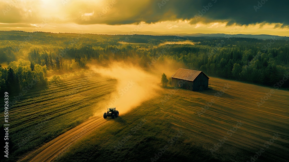 Fototapeta premium Tractor working a golden field at sunset with vibrant clouds and a rustic barn in the background.