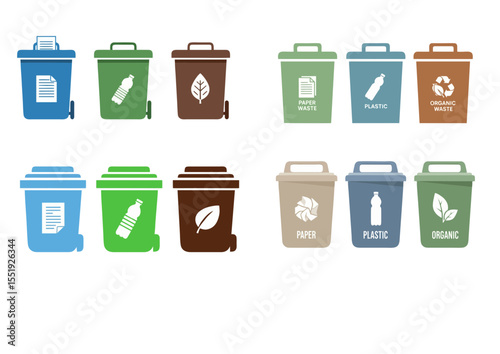 Flat vector illustration of trash bins for sorting: paper, plastic, and organic waste in eco-friendly colors