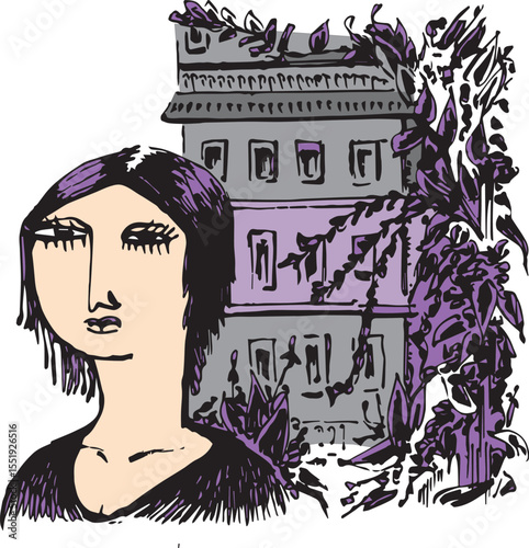Stylized woman and house with foliage – emotional illustration