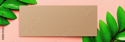 Rectangular card with green leaves and pale pink background minimalist design