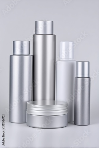 Collection of white and silver skincare containers mockup in various shapes and sizes