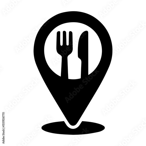 Map pin with fork and knife icon with transparent background representing restaurant locator and dining location
