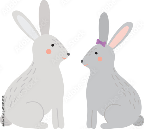 Two funny rabbits sitting opposite each other. Illustration of farm animals isolated on white background