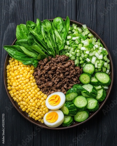Fresh Vegetable and Meat Salad Arrangement on a Dark Wooden Background