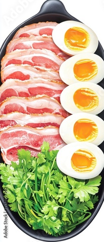 Freshly Prepared Bacon, Boiled Eggs, and Green Herbs on Platter