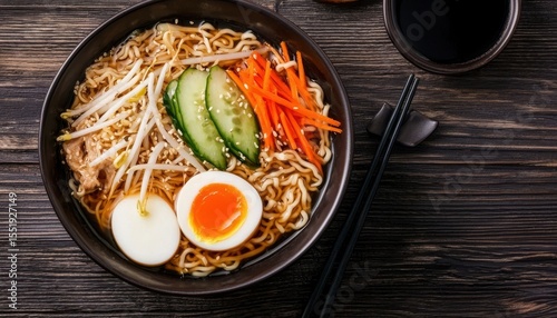 Delicious ramen bowl with fresh toppings and rich broth serving