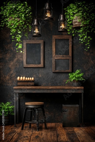 Rustic Wooden Desk with Lanterns and Hanging Plants in Studio