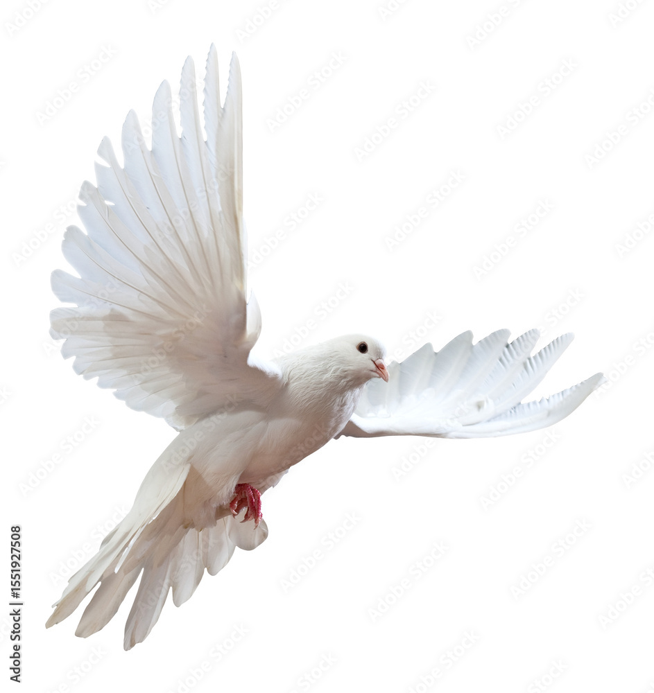 Fototapeta premium White Dove in Mid-Flight with Wings Fully Spread on Isolated Background