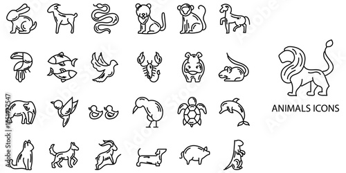 Animals simple concept 24 hand drawn icons set .Vector illustration.	
