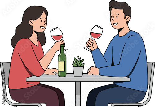 Illustration of a couple enjoying red wine on a table, isolated on white background