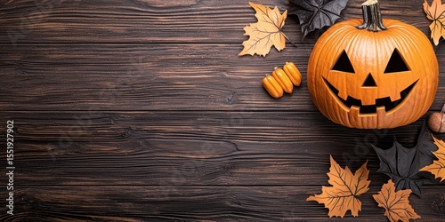 Creative Halloween Pumpkin With Autumn Leaves and Decorations