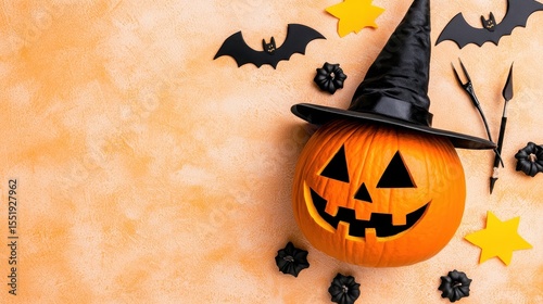 Spooky Halloween Pumpkin with Witch Hat and Festive Decorations