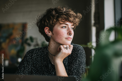 Non-binary person working in modern home office with plant nearby