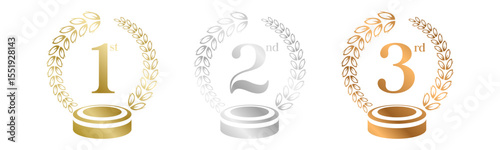 Podium Award Winner Set Vector Illustration. Figures 1, 2, 3 In A Realistic Gold Silver Bronze with Laurel Wreath . Competition Game Concept. Isolated on white