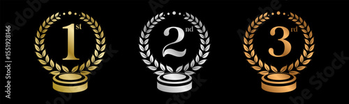 Podium Award Winner Set Vector Illustration. Figures 1, 2, 3 In A Realistic Gold Silver Bronze with Laurel Wreath . Competition Game Concept. Isolated on black	