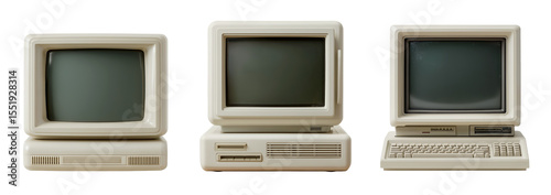 Vintage beige personal computer set with mini CRT monitors and retro hardware isolated on a transparent PNG
