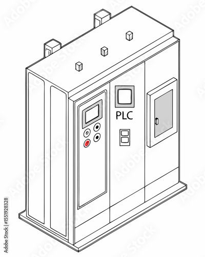 Isometric isolated smart factory scene with PLC cabinet box, including power supply, automation circuitry, and programmable logic controller system for intelligent industrial manufacturing control.