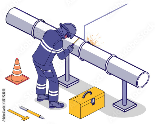 Technicians welding a large pipeline, performing industrial pipework, career-focused isometric isolated illustration of skilled labor in manufacturing.