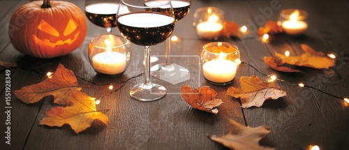 Spooky Halloween Decor with Pumpkin, Candles, Drinks, and Leaves