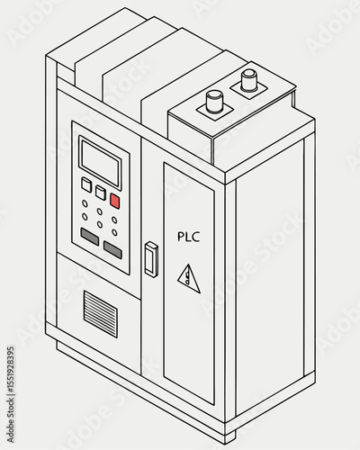 Isometric isolated illustration of electrical PLC control cabinet in smart factory, featuring power supply unit, circuit control system, and programmable logic controller for industrial automation.