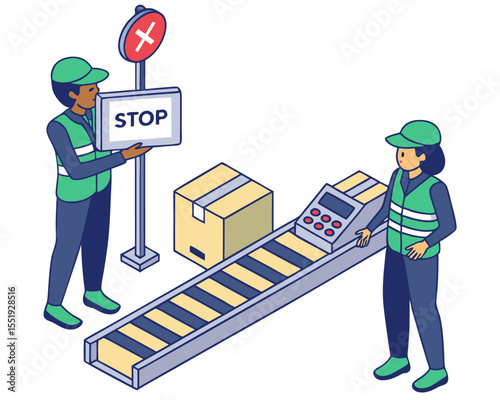 Conveyor belt breakdown in smart factory, boxes falling off line while workers troubleshoot and fix the system, illustrated in isometric isolated vector style.