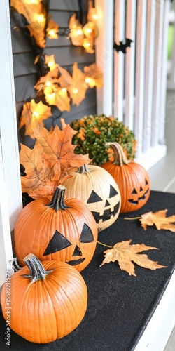 Festive Halloween Porch Decor with Pumpkins and Autumn Leaves