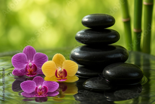 smooth black pebbles stacked in balance in water with colorful orchids, spa and health concept