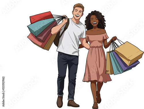 Illustration of a multi ethnic young couple enjoying shopping with shopping bags, full body, isolated on white background