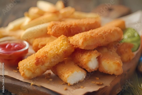 Crispy fried fish fillets and french fries with dipping sauce