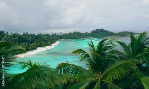 Tropical Island Scene Under Cloudy Skies