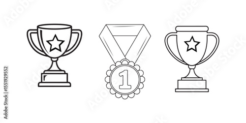 Two Trophies and First Place Medal Vector Illustration