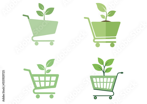 Flat vector illustration of eco shopping cart with plant sprouting, symbolizing sustainable consumption