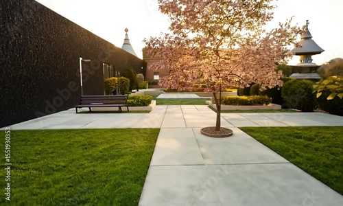 Modern landscaped courtyard with a dark wall, flowering trees, and light-colored paving stones