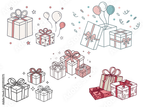 “Colorful Gift Box Set with Ribbons and Bows – 3D Vector Illustration for Holidays, Birthdays, and Celebrations”