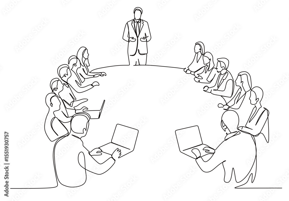 An image of a continuous line depicting a group of men and women and a company leader in a suit having a meeting and discussing work. A cohesive work team. Vector illustration of the concept of succes