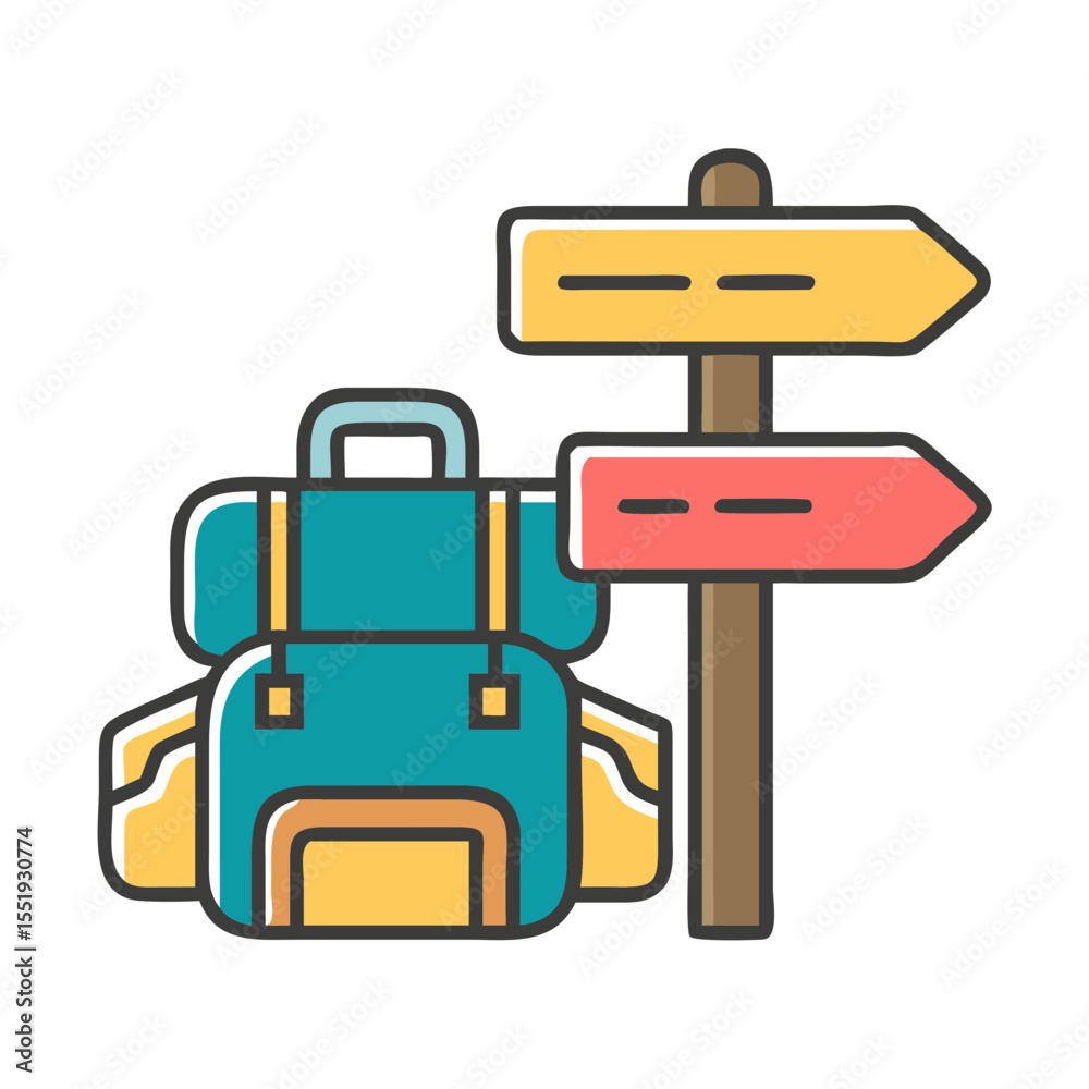 Fototapeta premium Backpack and signpost indicating directions in colorful outdoor style 