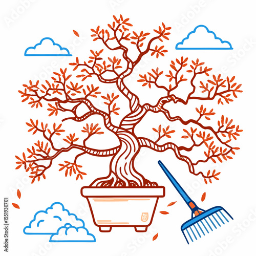 Bonsai tree illustration with rake and clouds in creative style  