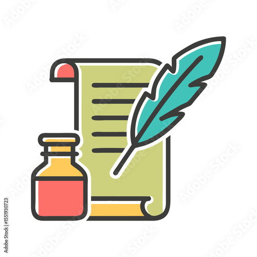Fantasy writing with feather quill and ink bottle on scroll, concept of Hobby  