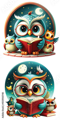 Cute cartoon owls reading books under a starry sky, joyful expressions with colorful and whimsical design
