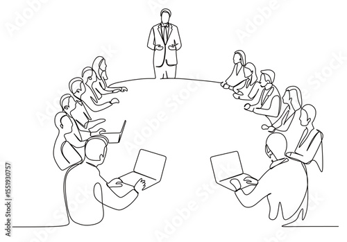 An image of a continuous line depicting a group of men and women and a company leader in a suit having a meeting and discussing work. A cohesive work team. Vector illustration of the concept of succes