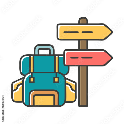 Backpack and signpost indicating directions in colorful outdoor style  