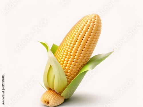 Close-up of a single ear of corn, vibrant yellow kernels nestled within green husks