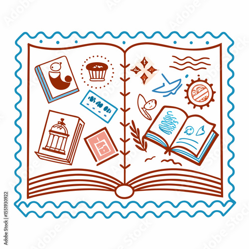 Illustrated stamp collection in a postal album showcasing art and culture  