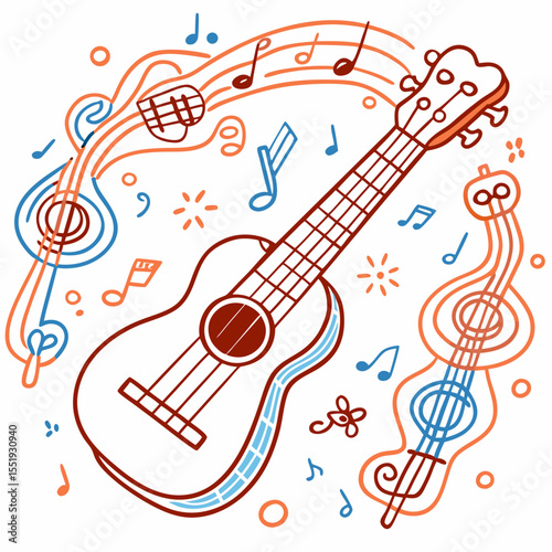 Ukulele illustration with musical notes in vibrant colors Concept of Hobby  