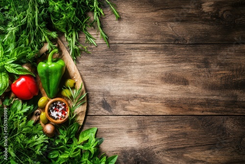Fresh Vegetables and Herbs on Wooden Table for Culinary Creations