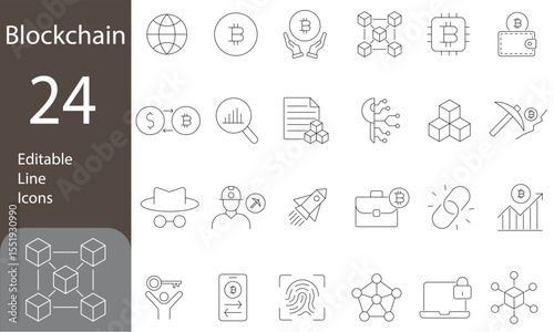 Blockchain Editable Line Icons Set. Technology, mining, e-wallets, distributed, cryptocurrency, and more. Vector illustration