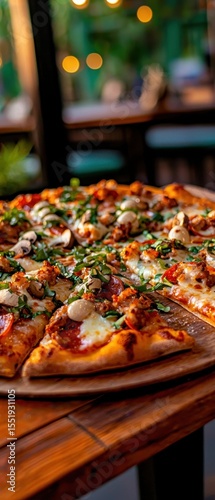 Delicious gourmet pizza with fresh ingredients on wooden table
